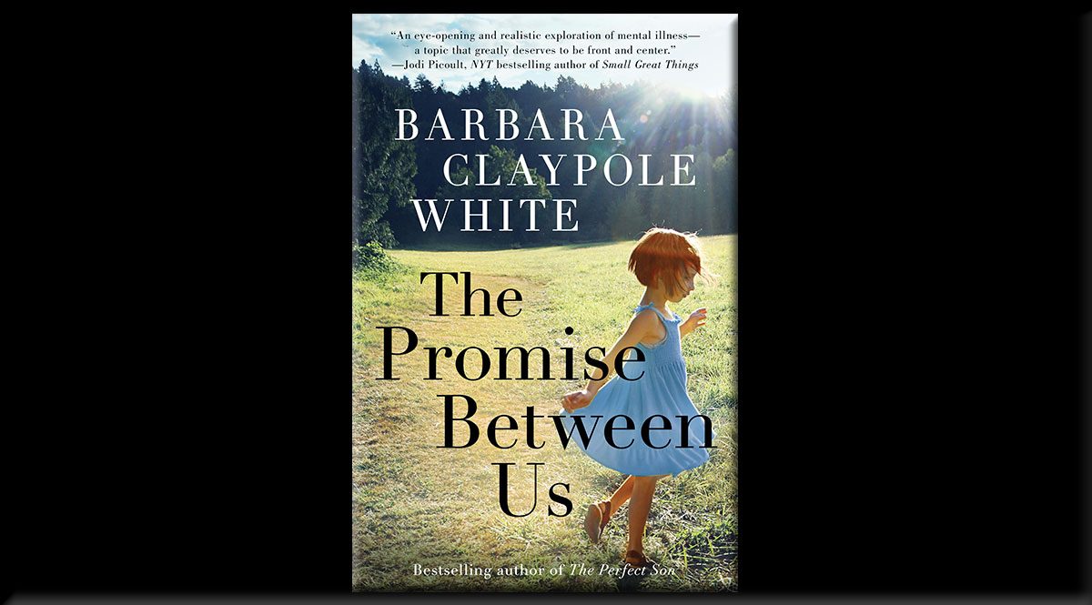 This is the cover of Barbara Claypole White's The Promise Between Us. It depicts a little girl in a blue dress running through a field. At the edge of the field is a forest.