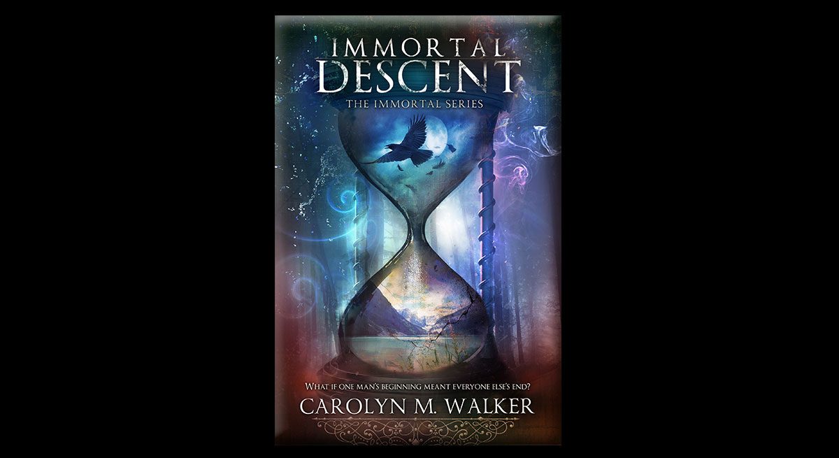 This is the book cover for Carolyn Walker's Immortal Descent. The cover features an hourglass with a bird in it. On the right is this text: "Available now on Amazon. Free on Kindle Unlimited. Immortal Descent. The Immortal Series."