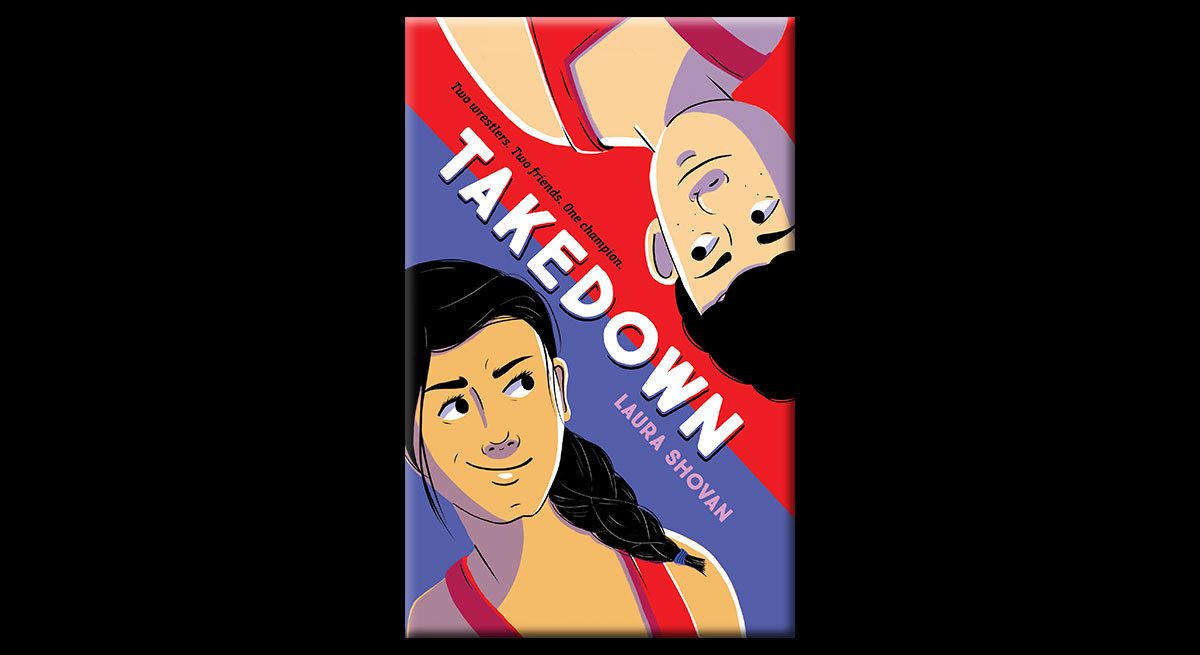 This is the cover of Laura Shovan's book Takedown. The top half of the book (on a diagonal) is red and features an upside-down boy with dark hair, wearing a red tank top. The bottom half is purple (on a diagonal) and features a smirking girl with dark hair in a ponytail, also wearing a red tank top.